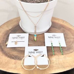 NWT Nine West gold & green long arrow necklace, hoop and dangling earrings